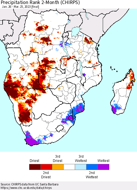 Southern Africa Precipitation Rank since 1981, 2-Month (CHIRPS) Thematic Map For 1/26/2023 - 3/25/2023