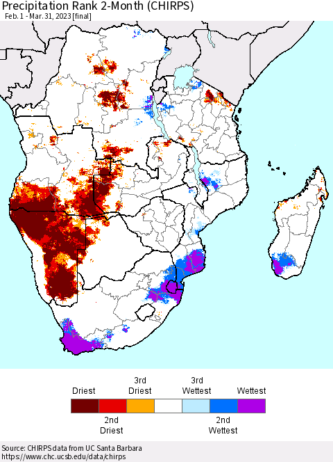 Southern Africa Precipitation Rank since 1981, 2-Month (CHIRPS) Thematic Map For 2/1/2023 - 3/31/2023