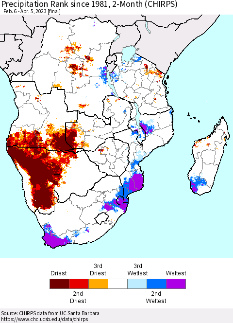 Southern Africa Precipitation Rank since 1981, 2-Month (CHIRPS) Thematic Map For 2/6/2023 - 4/5/2023
