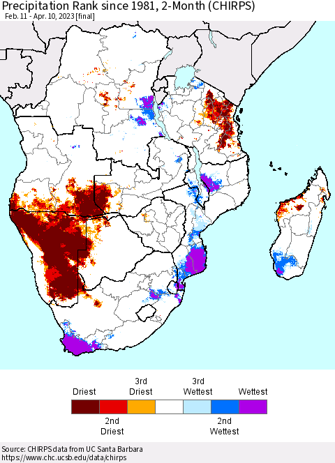 Southern Africa Precipitation Rank since 1981, 2-Month (CHIRPS) Thematic Map For 2/11/2023 - 4/10/2023