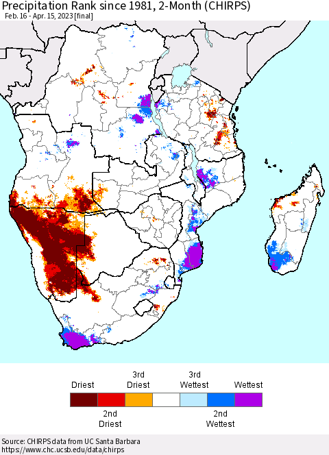 Southern Africa Precipitation Rank since 1981, 2-Month (CHIRPS) Thematic Map For 2/16/2023 - 4/15/2023