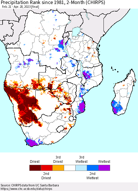 Southern Africa Precipitation Rank since 1981, 2-Month (CHIRPS) Thematic Map For 2/21/2023 - 4/20/2023