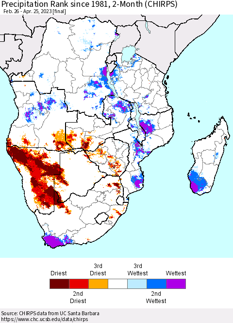 Southern Africa Precipitation Rank since 1981, 2-Month (CHIRPS) Thematic Map For 2/26/2023 - 4/25/2023