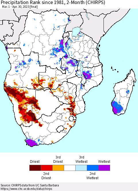 Southern Africa Precipitation Rank since 1981, 2-Month (CHIRPS) Thematic Map For 3/1/2023 - 4/30/2023