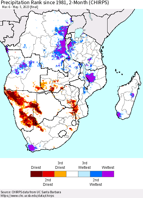 Southern Africa Precipitation Rank since 1981, 2-Month (CHIRPS) Thematic Map For 3/6/2023 - 5/5/2023