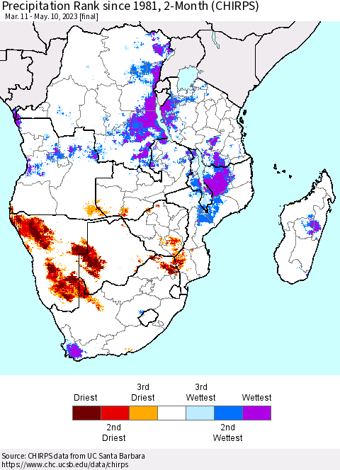 Southern Africa Precipitation Rank since 1981, 2-Month (CHIRPS) Thematic Map For 3/11/2023 - 5/10/2023