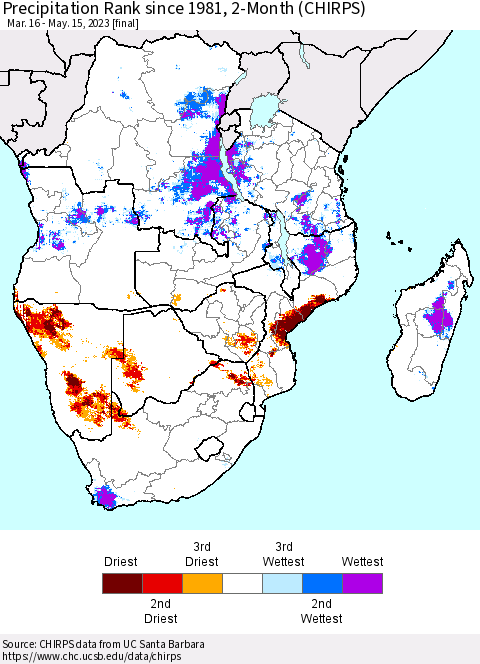Southern Africa Precipitation Rank since 1981, 2-Month (CHIRPS) Thematic Map For 3/16/2023 - 5/15/2023