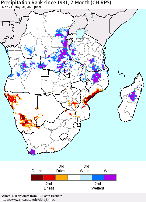 Southern Africa Precipitation Rank since 1981, 2-Month (CHIRPS) Thematic Map For 3/21/2023 - 5/20/2023