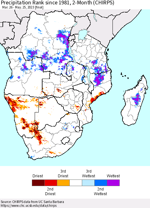 Southern Africa Precipitation Rank since 1981, 2-Month (CHIRPS) Thematic Map For 3/26/2023 - 5/25/2023