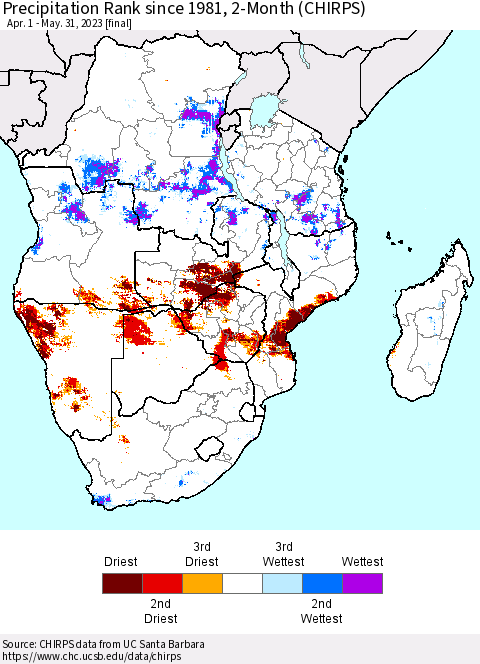 Southern Africa Precipitation Rank since 1981, 2-Month (CHIRPS) Thematic Map For 4/1/2023 - 5/31/2023