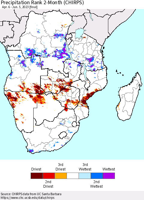 Southern Africa Precipitation Rank since 1981, 2-Month (CHIRPS) Thematic Map For 4/6/2023 - 6/5/2023