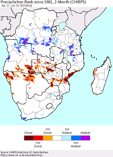 Southern Africa Precipitation Rank since 1981, 2-Month (CHIRPS) Thematic Map For 4/11/2023 - 6/10/2023