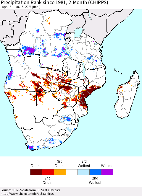 Southern Africa Precipitation Rank since 1981, 2-Month (CHIRPS) Thematic Map For 4/16/2023 - 6/15/2023