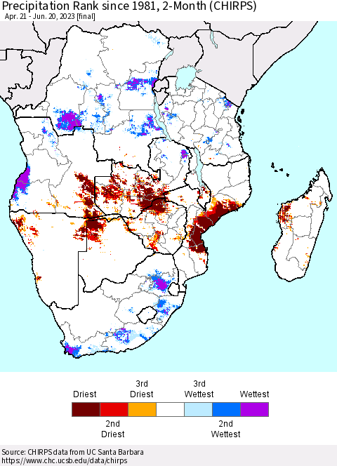 Southern Africa Precipitation Rank since 1981, 2-Month (CHIRPS) Thematic Map For 4/21/2023 - 6/20/2023
