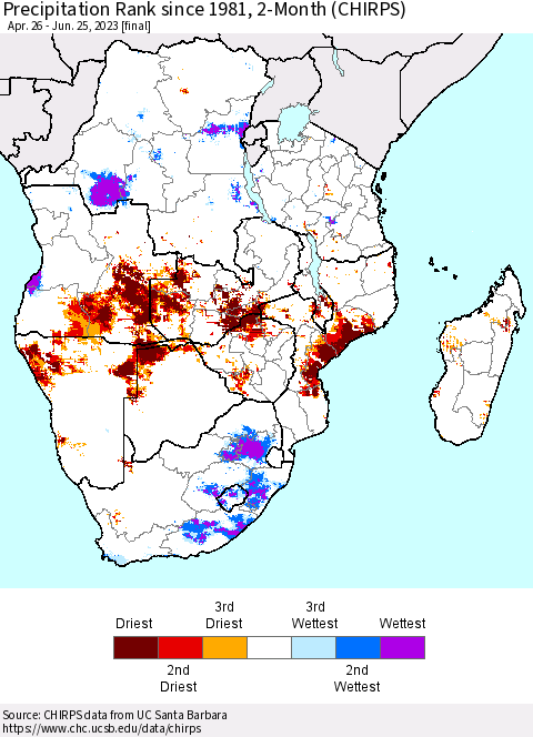 Southern Africa Precipitation Rank since 1981, 2-Month (CHIRPS) Thematic Map For 4/26/2023 - 6/25/2023