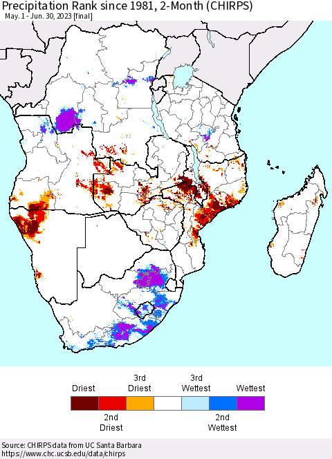 Southern Africa Precipitation Rank since 1981, 2-Month (CHIRPS) Thematic Map For 5/1/2023 - 6/30/2023