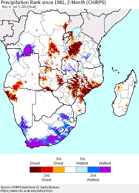 Southern Africa Precipitation Rank since 1981, 2-Month (CHIRPS) Thematic Map For 5/6/2023 - 7/5/2023