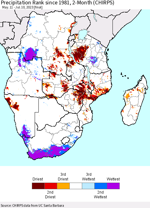 Southern Africa Precipitation Rank since 1981, 2-Month (CHIRPS) Thematic Map For 5/11/2023 - 7/10/2023