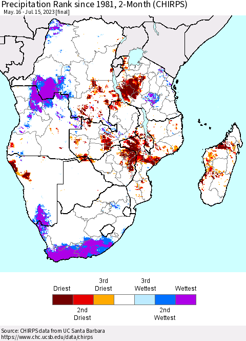 Southern Africa Precipitation Rank since 1981, 2-Month (CHIRPS) Thematic Map For 5/16/2023 - 7/15/2023