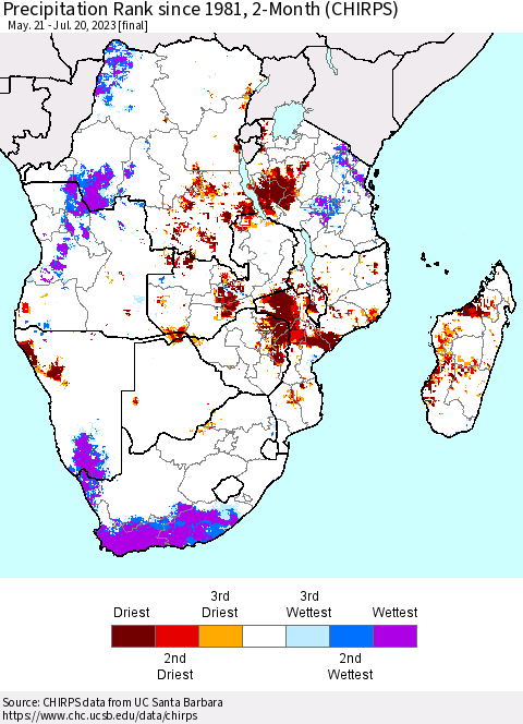 Southern Africa Precipitation Rank since 1981, 2-Month (CHIRPS) Thematic Map For 5/21/2023 - 7/20/2023
