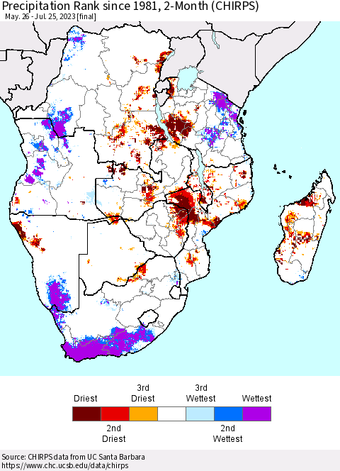 Southern Africa Precipitation Rank since 1981, 2-Month (CHIRPS) Thematic Map For 5/26/2023 - 7/25/2023