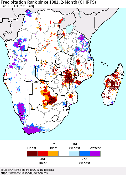 Southern Africa Precipitation Rank since 1981, 2-Month (CHIRPS) Thematic Map For 6/1/2023 - 7/31/2023