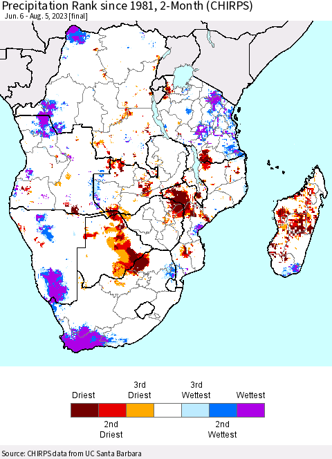 Southern Africa Precipitation Rank since 1981, 2-Month (CHIRPS) Thematic Map For 6/6/2023 - 8/5/2023