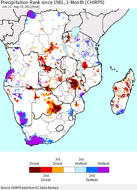 Southern Africa Precipitation Rank since 1981, 2-Month (CHIRPS) Thematic Map For 6/11/2023 - 8/10/2023