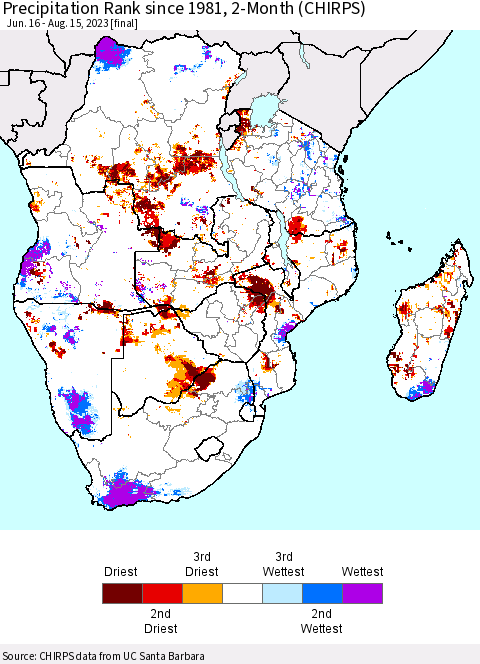 Southern Africa Precipitation Rank since 1981, 2-Month (CHIRPS) Thematic Map For 6/16/2023 - 8/15/2023