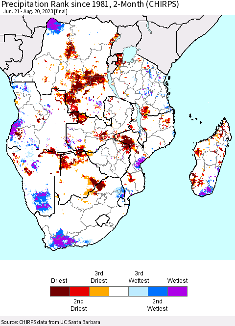 Southern Africa Precipitation Rank since 1981, 2-Month (CHIRPS) Thematic Map For 6/21/2023 - 8/20/2023