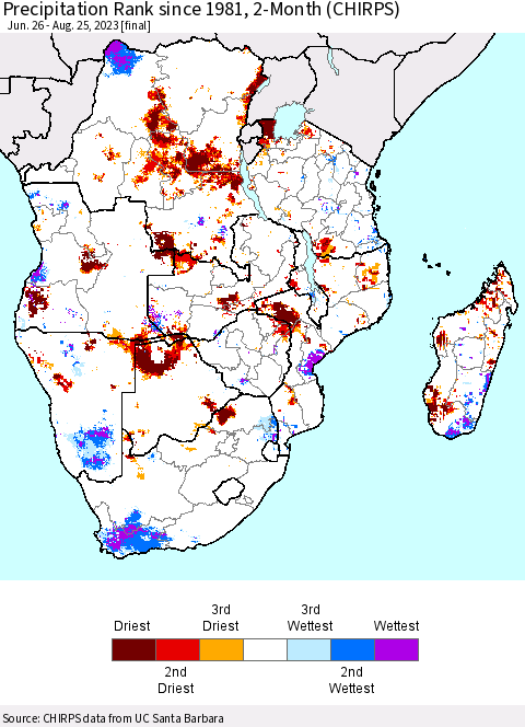 Southern Africa Precipitation Rank since 1981, 2-Month (CHIRPS) Thematic Map For 6/26/2023 - 8/25/2023
