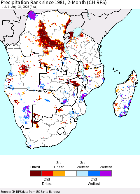Southern Africa Precipitation Rank since 1981, 2-Month (CHIRPS) Thematic Map For 7/1/2023 - 8/31/2023