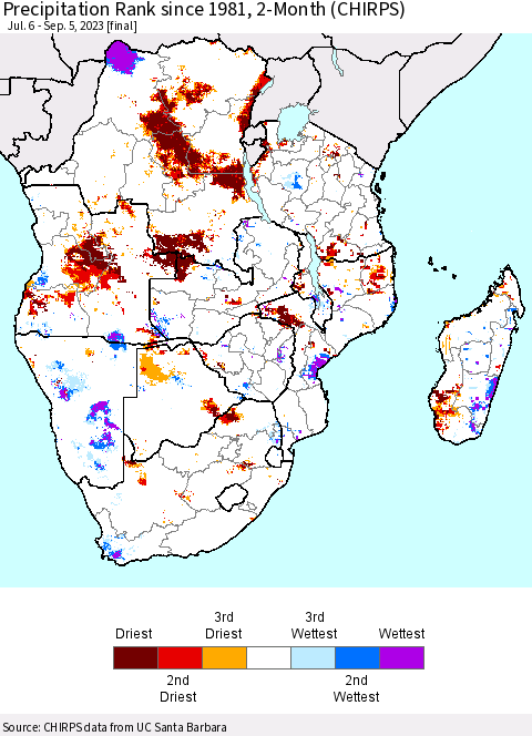 Southern Africa Precipitation Rank since 1981, 2-Month (CHIRPS) Thematic Map For 7/6/2023 - 9/5/2023
