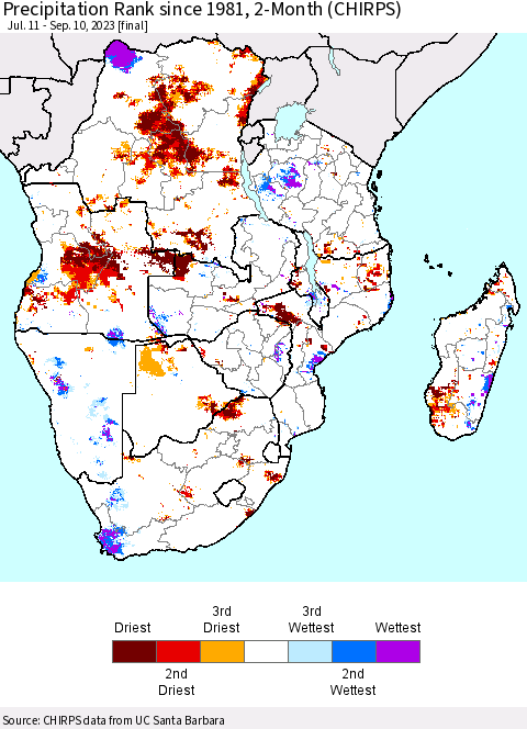 Southern Africa Precipitation Rank since 1981, 2-Month (CHIRPS) Thematic Map For 7/11/2023 - 9/10/2023