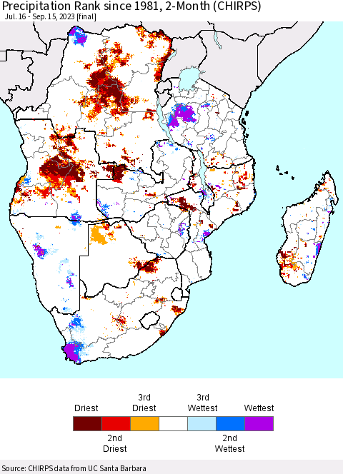 Southern Africa Precipitation Rank since 1981, 2-Month (CHIRPS) Thematic Map For 7/16/2023 - 9/15/2023
