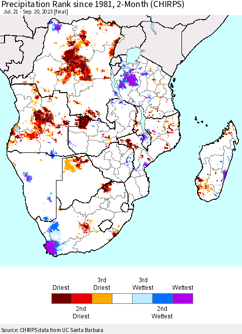 Southern Africa Precipitation Rank since 1981, 2-Month (CHIRPS) Thematic Map For 7/21/2023 - 9/20/2023
