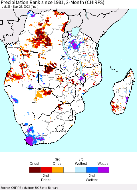 Southern Africa Precipitation Rank since 1981, 2-Month (CHIRPS) Thematic Map For 7/26/2023 - 9/25/2023