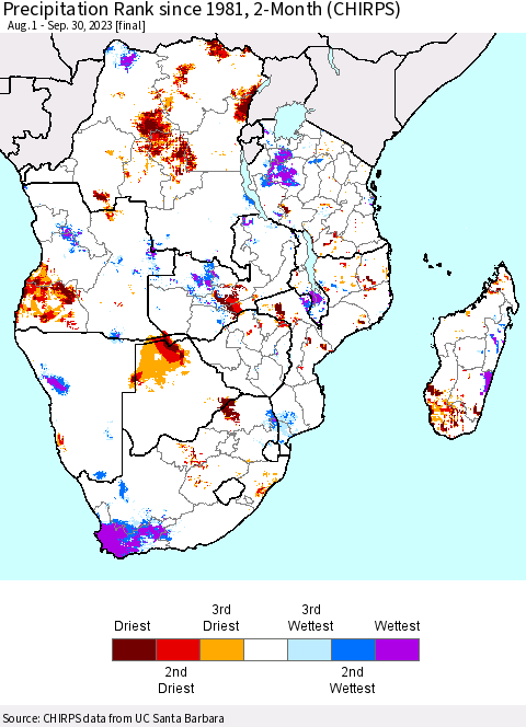 Southern Africa Precipitation Rank since 1981, 2-Month (CHIRPS) Thematic Map For 8/1/2023 - 9/30/2023