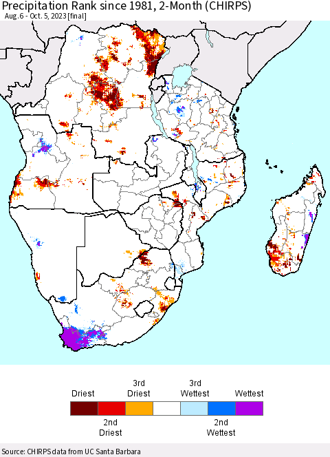 Southern Africa Precipitation Rank since 1981, 2-Month (CHIRPS) Thematic Map For 8/6/2023 - 10/5/2023