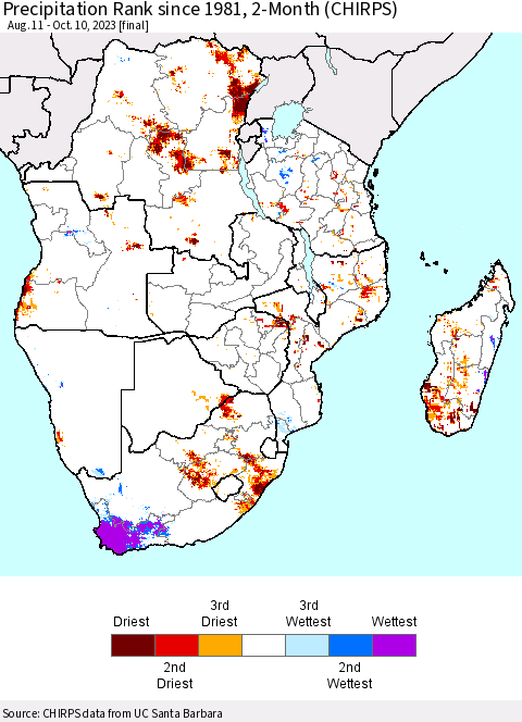 Southern Africa Precipitation Rank since 1981, 2-Month (CHIRPS) Thematic Map For 8/11/2023 - 10/10/2023