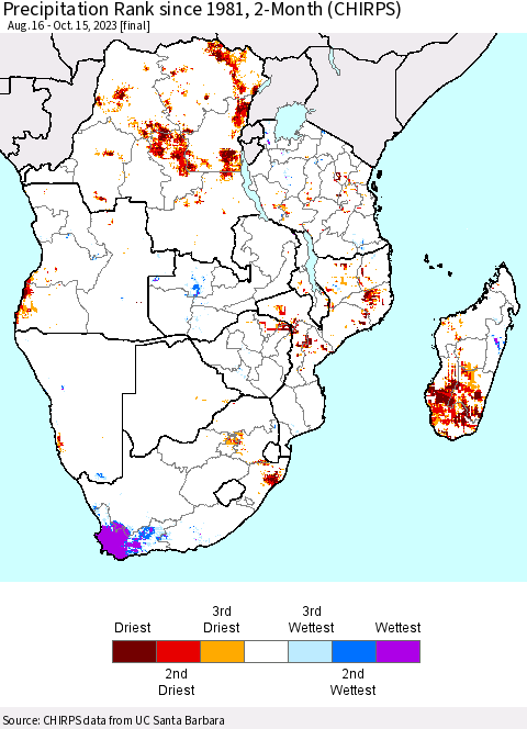 Southern Africa Precipitation Rank since 1981, 2-Month (CHIRPS) Thematic Map For 8/16/2023 - 10/15/2023