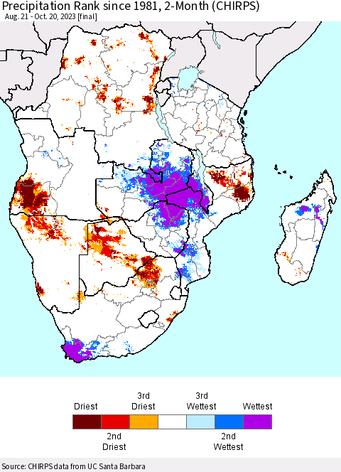 Southern Africa Precipitation Rank since 1981, 2-Month (CHIRPS) Thematic Map For 8/21/2023 - 10/20/2023