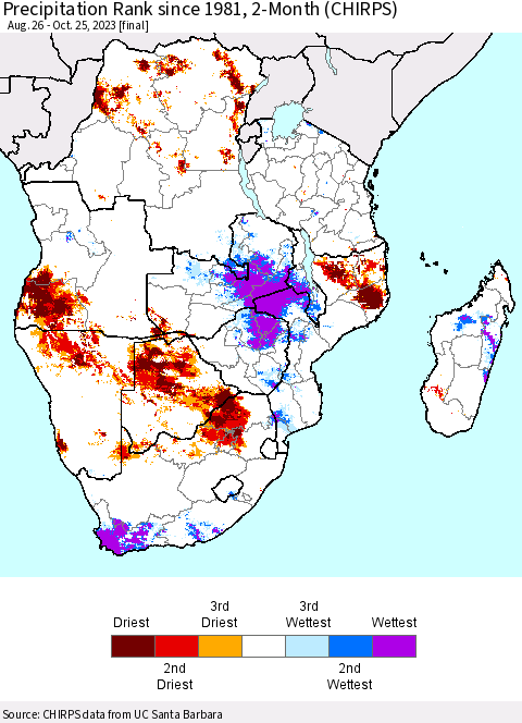 Southern Africa Precipitation Rank since 1981, 2-Month (CHIRPS) Thematic Map For 8/26/2023 - 10/25/2023