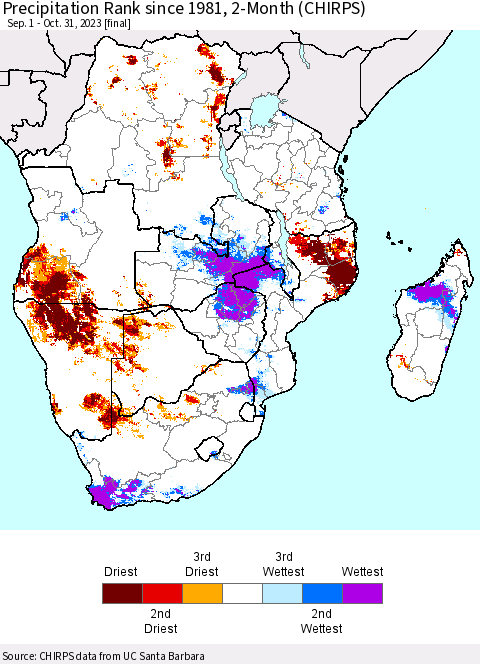 Southern Africa Precipitation Rank since 1981, 2-Month (CHIRPS) Thematic Map For 9/1/2023 - 10/31/2023