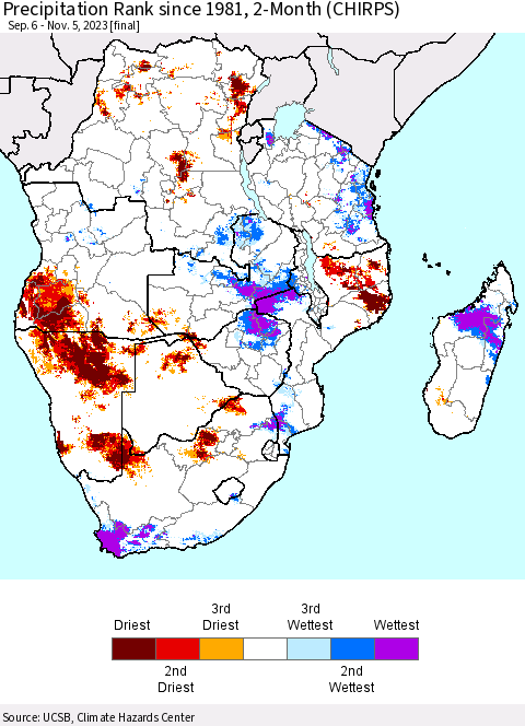 Southern Africa Precipitation Rank since 1981, 2-Month (CHIRPS) Thematic Map For 9/6/2023 - 11/5/2023