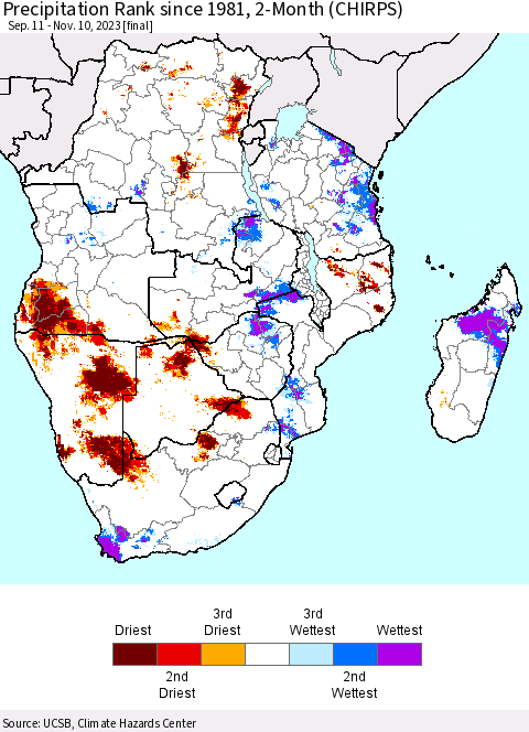 Southern Africa Precipitation Rank since 1981, 2-Month (CHIRPS) Thematic Map For 9/11/2023 - 11/10/2023