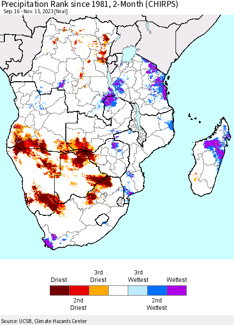Southern Africa Precipitation Rank since 1981, 2-Month (CHIRPS) Thematic Map For 9/16/2023 - 11/15/2023