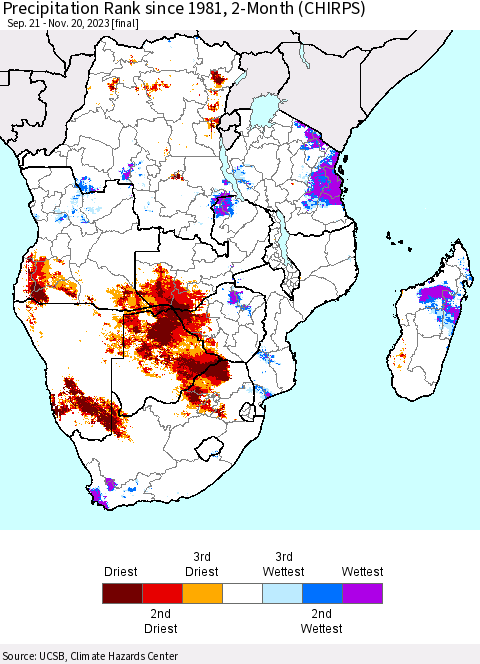 Southern Africa Precipitation Rank since 1981, 2-Month (CHIRPS) Thematic Map For 9/21/2023 - 11/20/2023