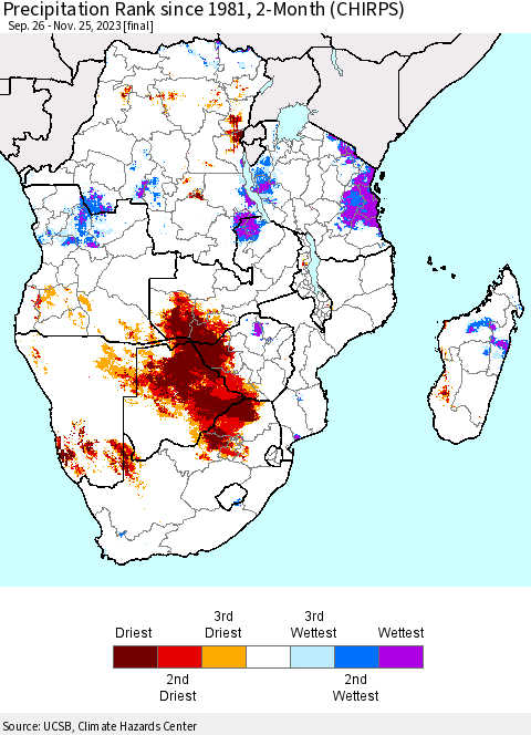 Southern Africa Precipitation Rank since 1981, 2-Month (CHIRPS) Thematic Map For 9/26/2023 - 11/25/2023