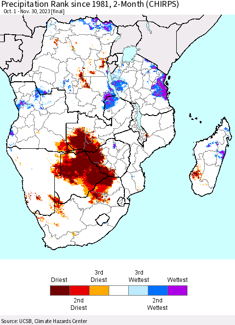 Southern Africa Precipitation Rank since 1981, 2-Month (CHIRPS) Thematic Map For 10/1/2023 - 11/30/2023
